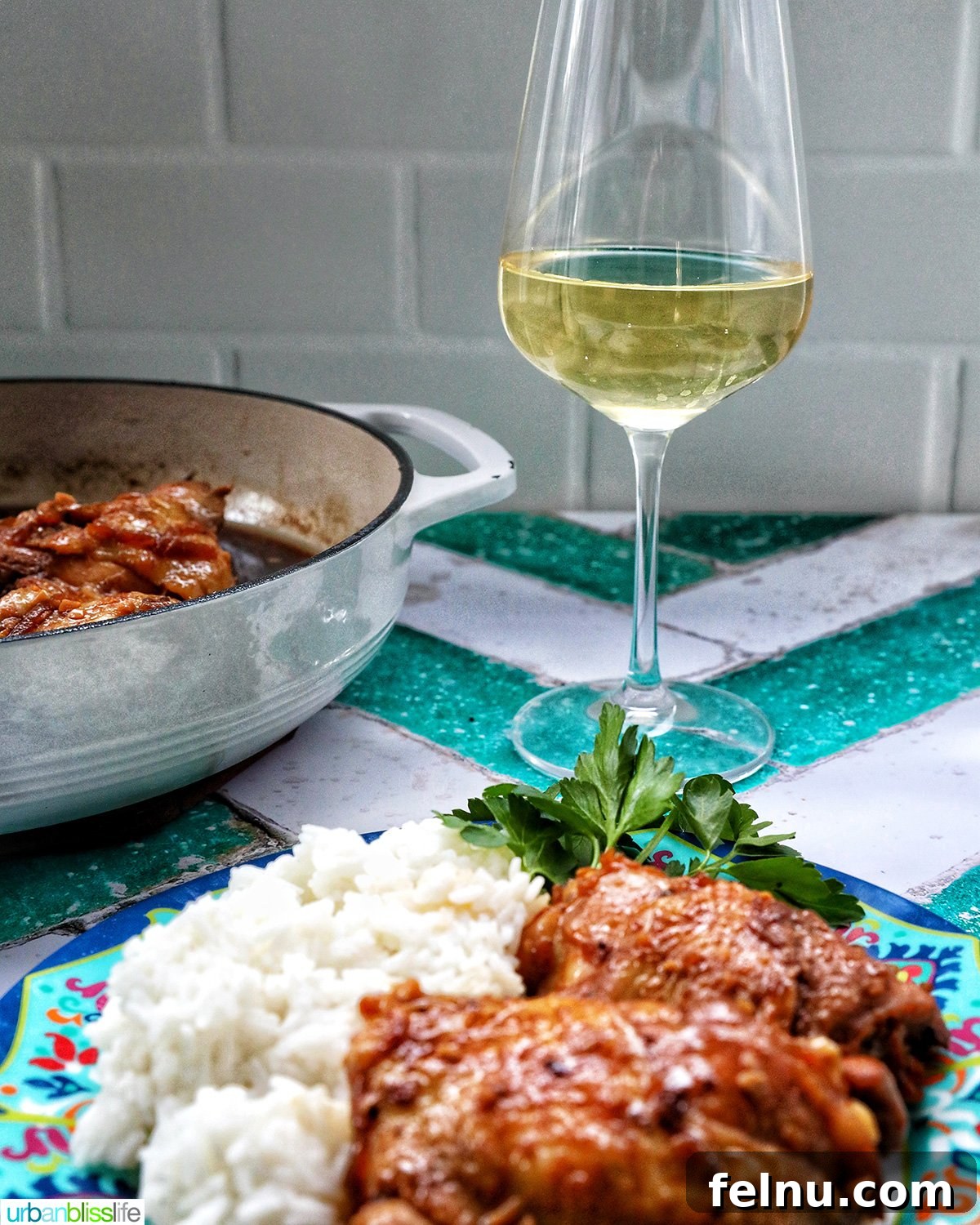 Fragrant Chinese Braised Chicken 19 Chinese braised chicken with rice on a colorful plate, paired with a glass of white wine.
