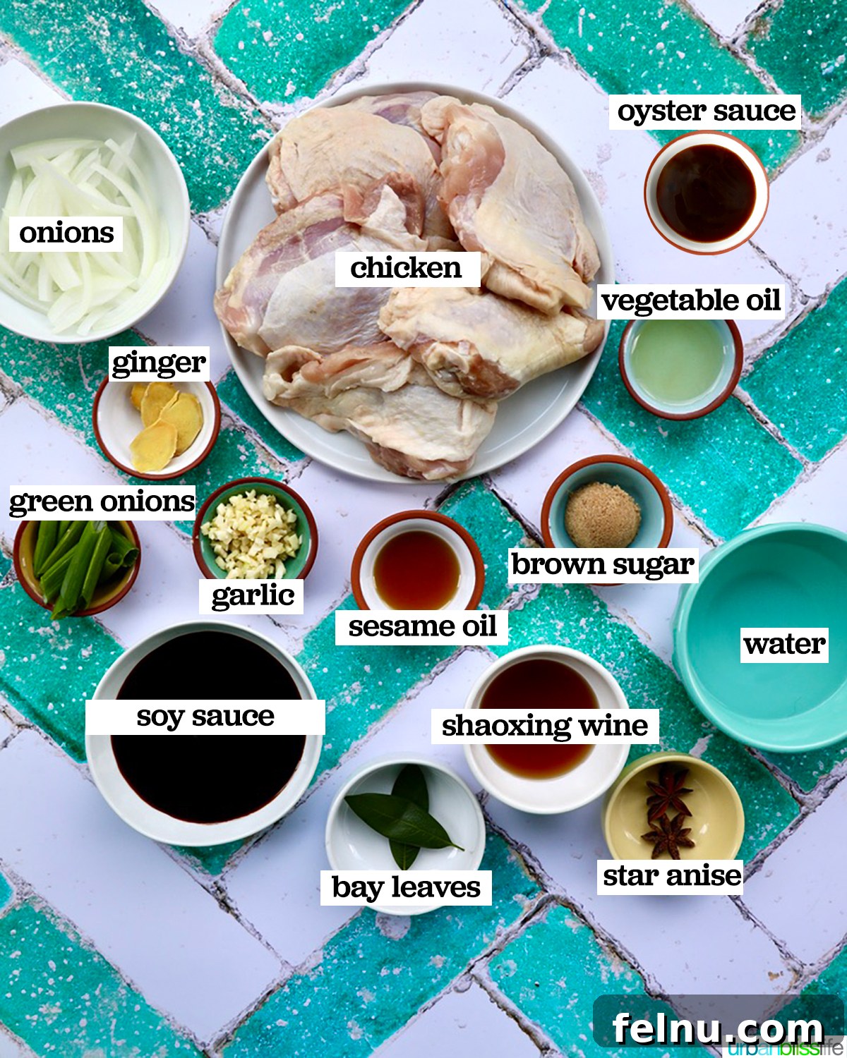 Fragrant Chinese Braised Chicken 4 Bowls of fresh ingredients prepped for making Chinese Braised Chicken.