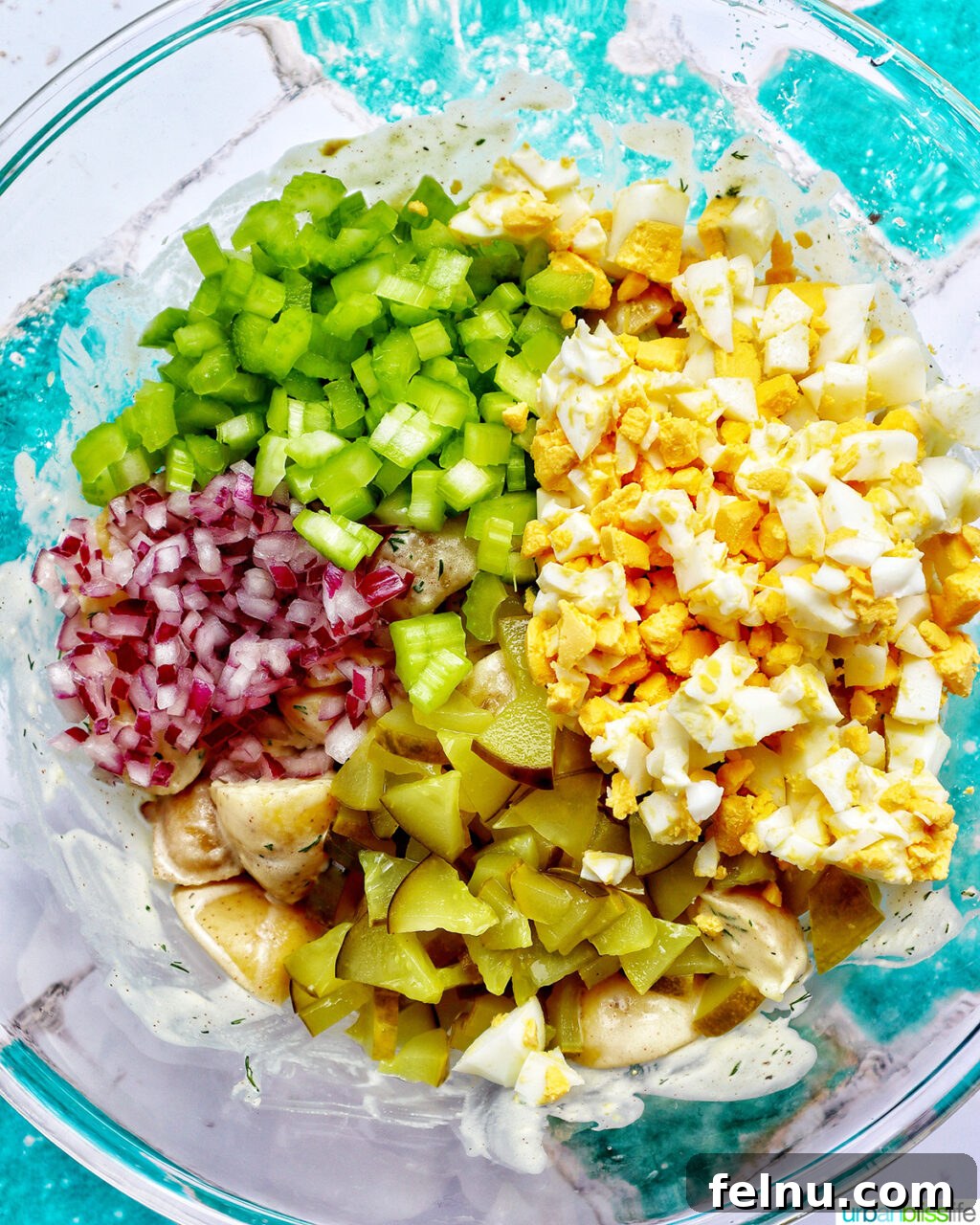 Dill Pickle Potato Salad Zesty Dill Pickle Potato Salad 10 Dill Pickle Potato Salad Ingredients in a Bowl - Ready to be mixed together.