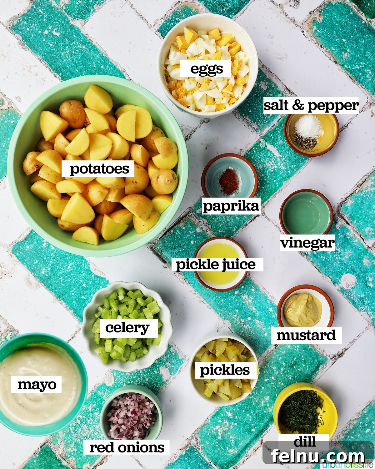 Dill Pickle Potato Salad Zesty Dill Pickle Potato Salad 4 Ingredients for Dill Pickle Potato Salad - Potatoes, eggs, pickles, and more.