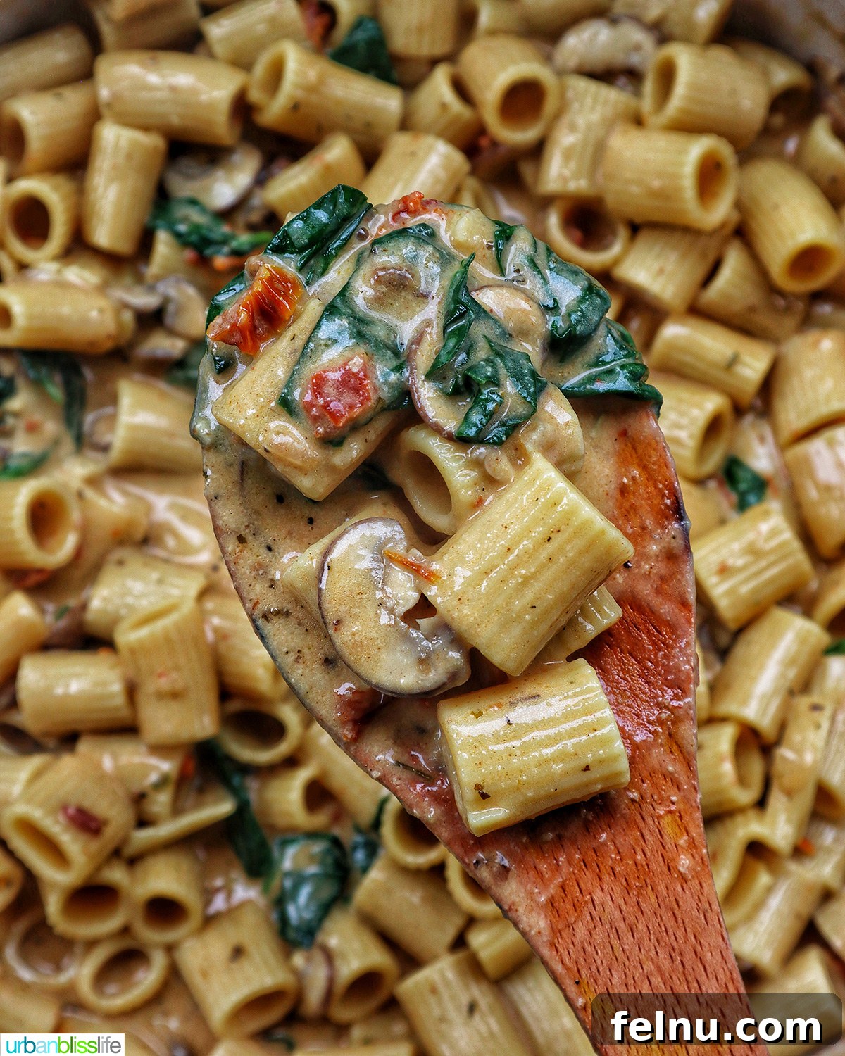 The Proposal Pasta 23 A wooden spoon lifting a portion of Marry Me Pasta from a pan, showing the creamy texture.