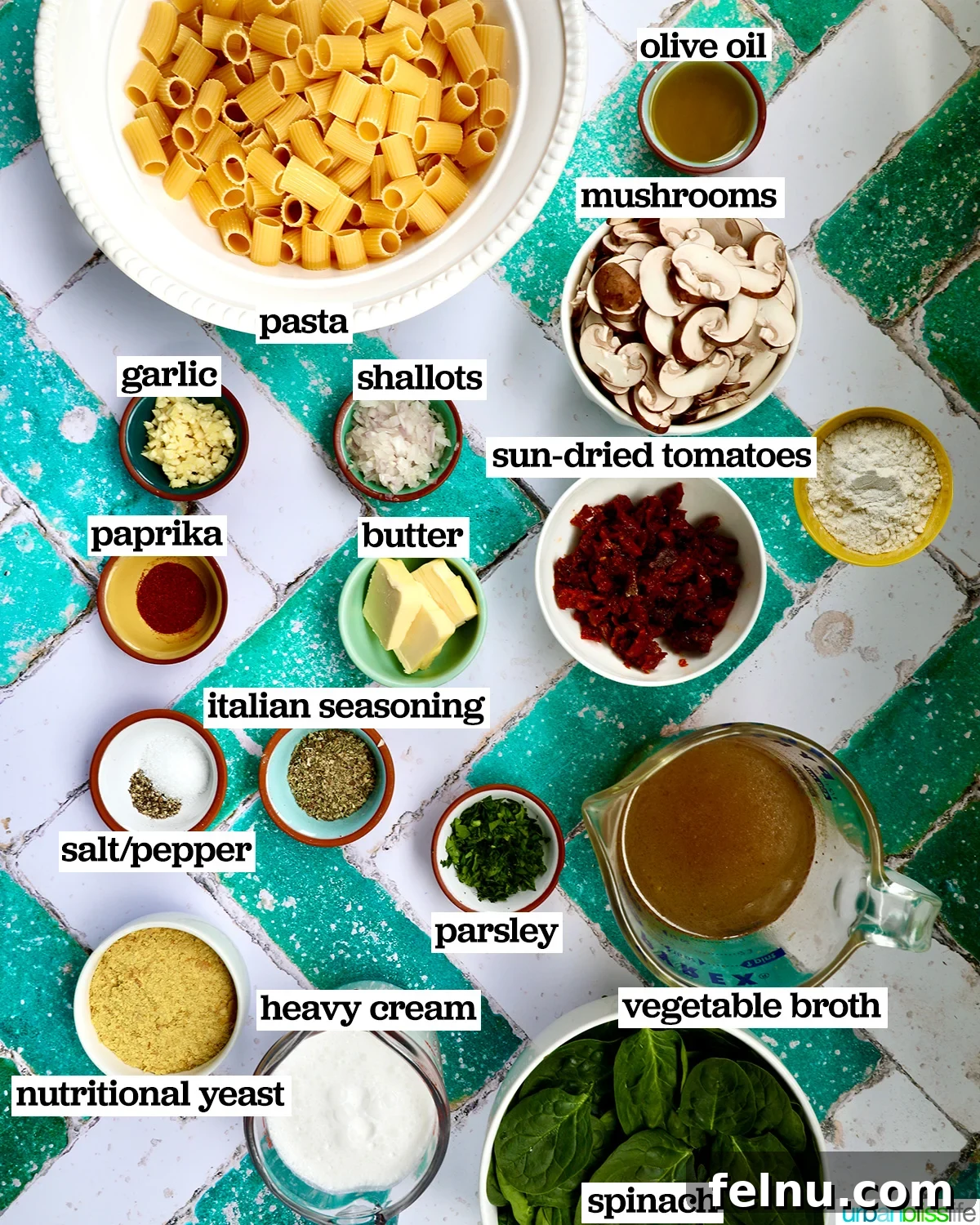 The Proposal Pasta 4 Bowls filled with the individual ingredients required for vegetarian Marry Me Pasta, neatly arranged on a counter.