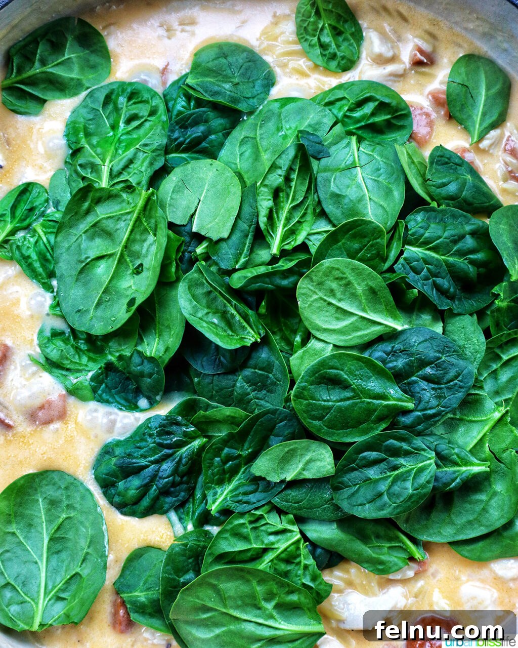 Chicken and Chorizo Orzo Skillet 15 adding spinach to chicken chorizo orzo in a pan