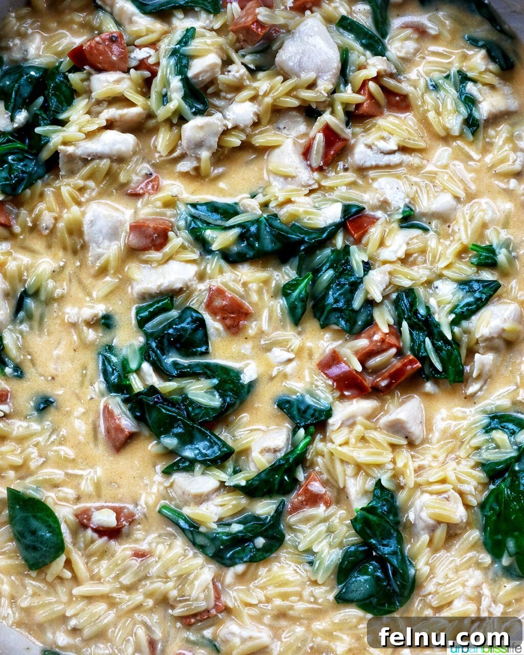 Chicken and Chorizo Orzo Skillet 16 chicken chorizo orzo in a pan