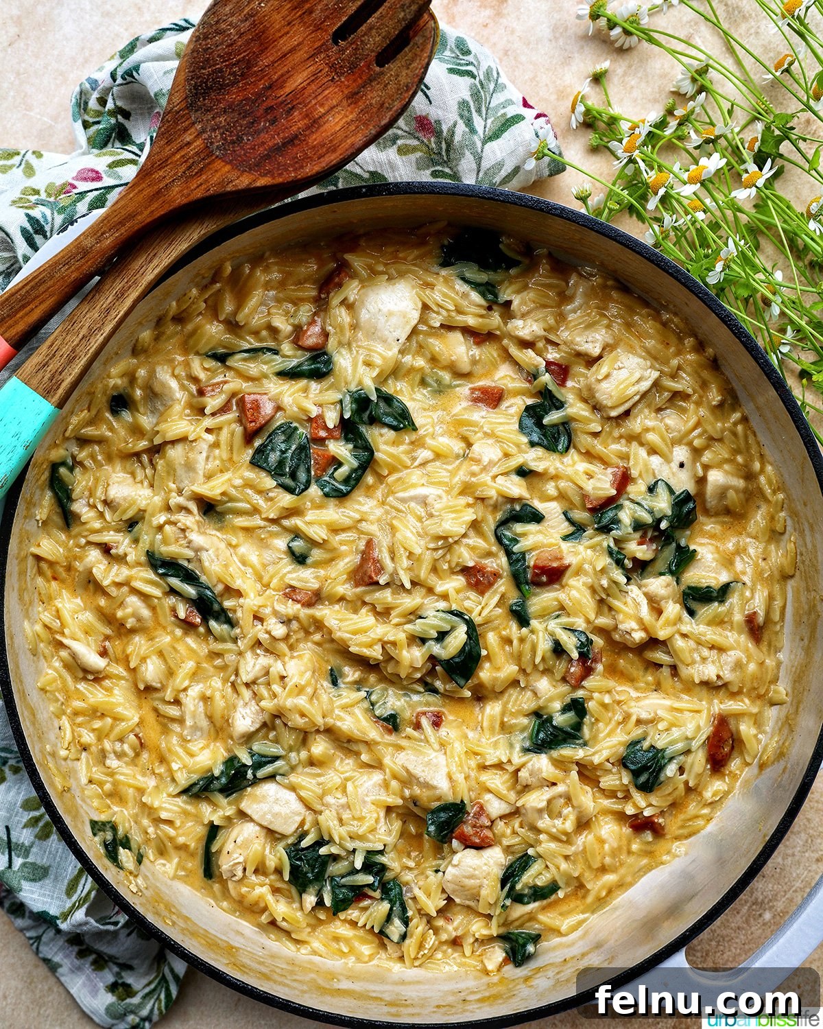 Chicken and Chorizo Orzo Skillet 18 chicken and chorizo orzo in a pan