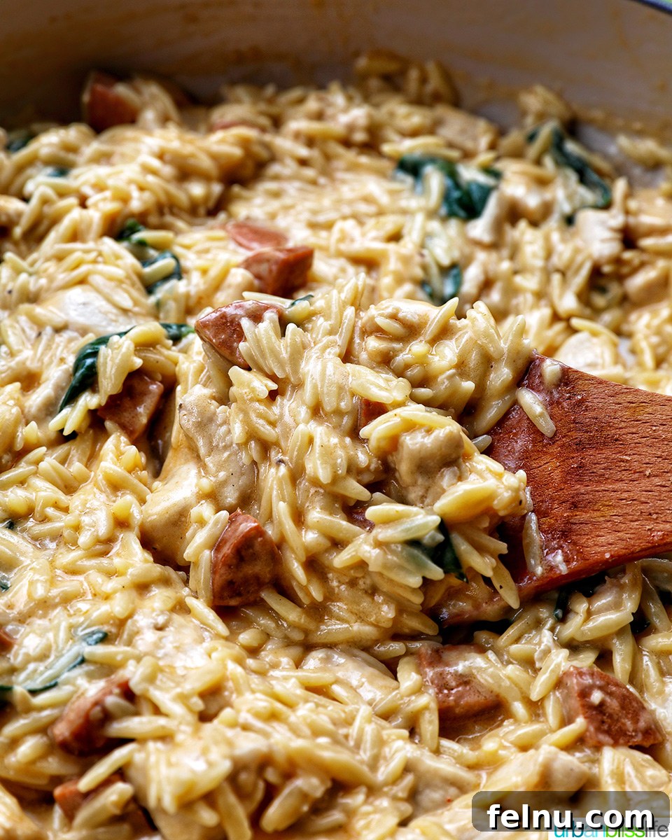 Chicken and Chorizo Orzo Skillet 19 wooden spoonful of chicken and chorizo orzo