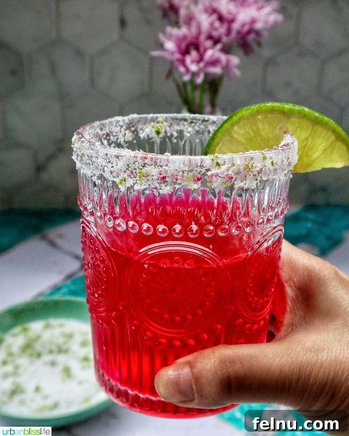 Desert Bloom Margarita 3 Hand holding a glass of prickly pear margarita with lime slice garnish, against a vibrant background.