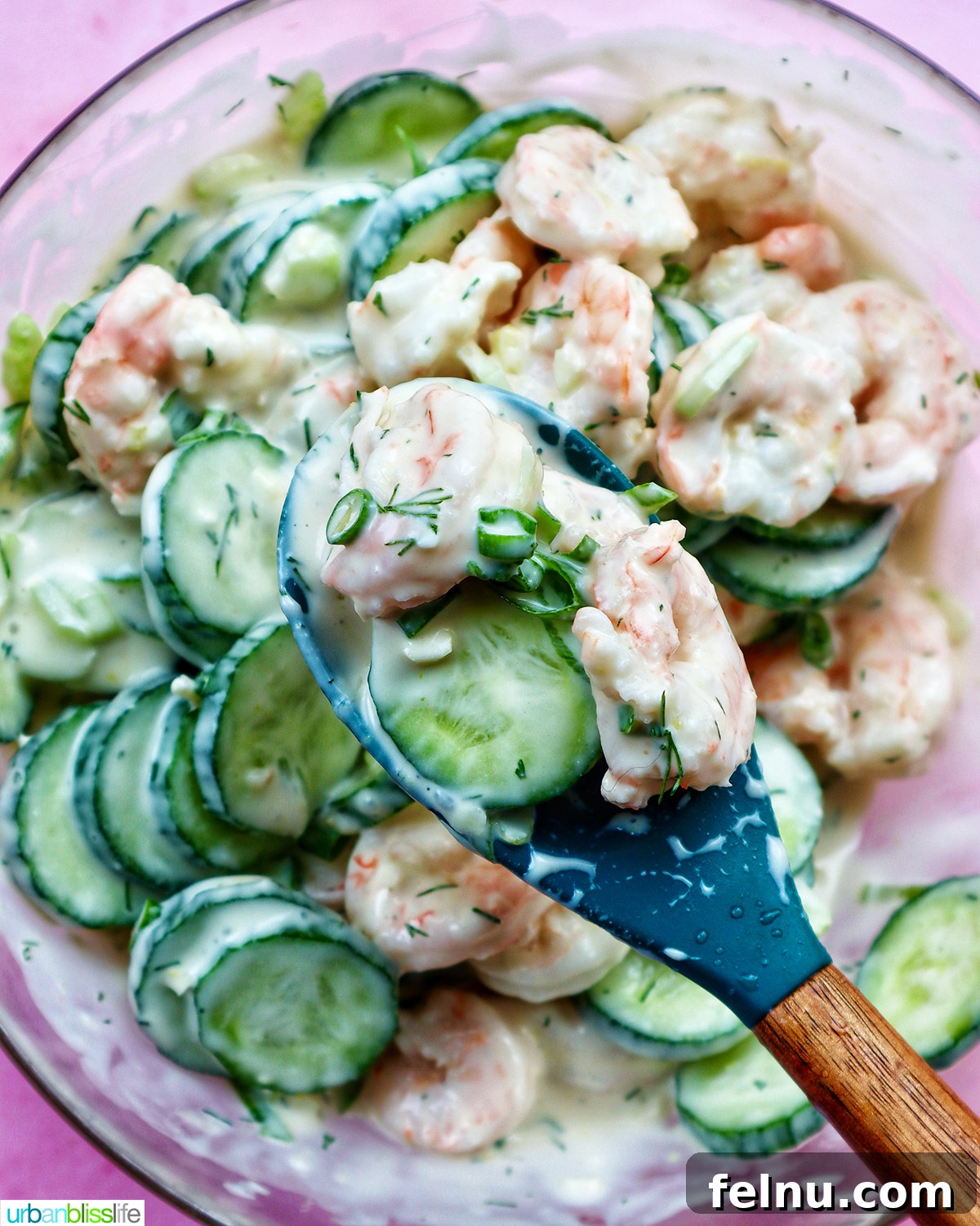 Spoon of cucumber shrimp salad above a bowl