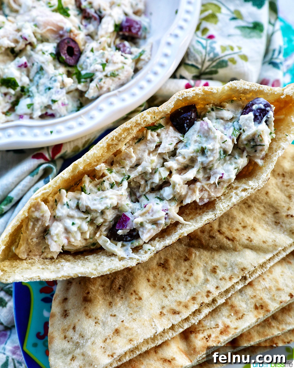 Cool & Creamy Tzatziki Chicken Salad 11 Tzatziki Chicken Salad generously stuffed into a pita bread pocket, ready to eat.