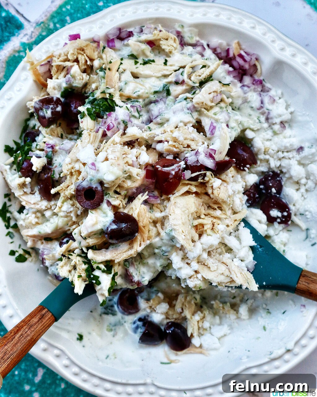 Cool & Creamy Tzatziki Chicken Salad 9 Step 5: A close-up of the ready-to-eat Tzatziki Chicken Salad, garnished with fresh herbs.