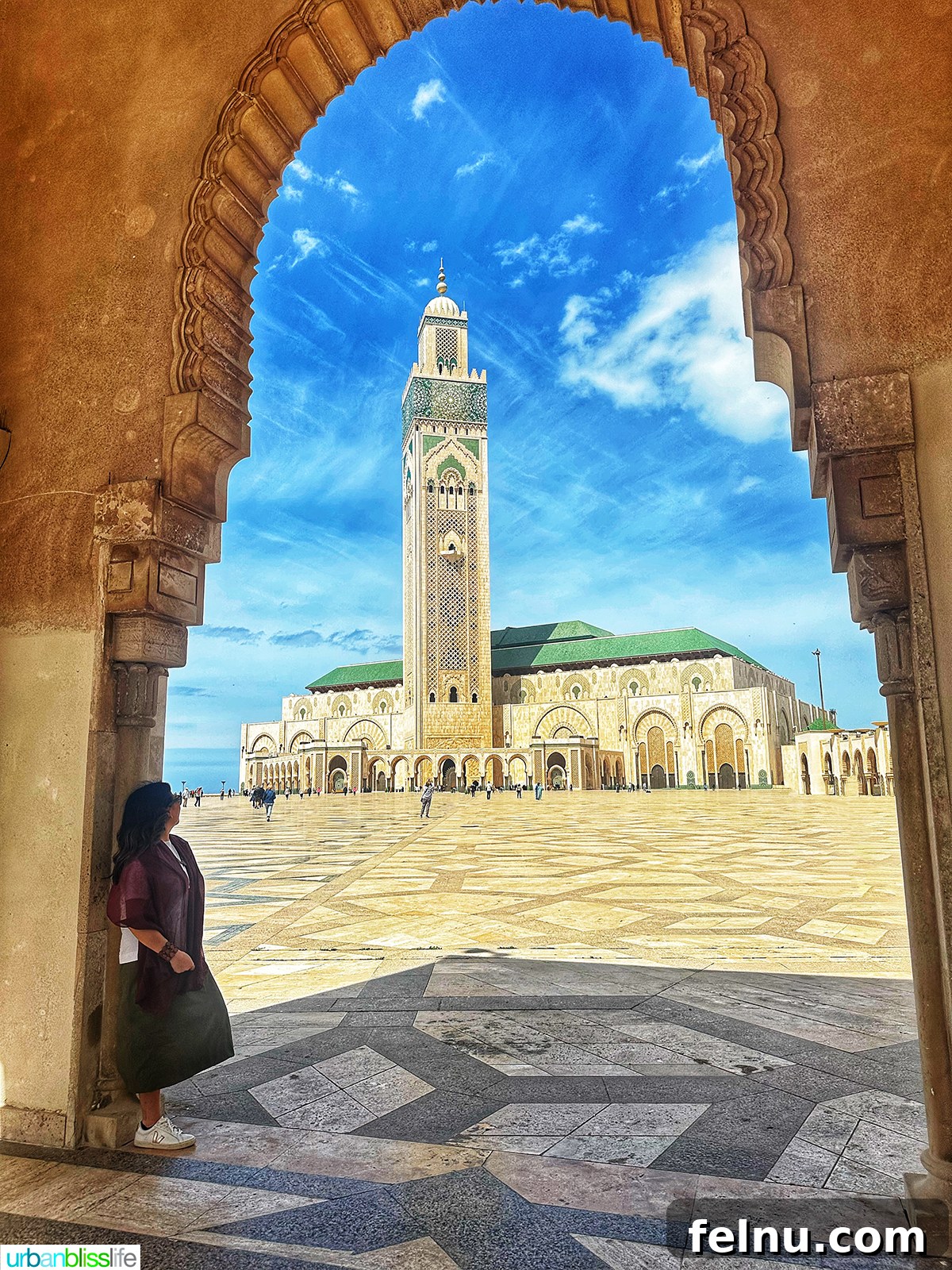 Morocco Unveiled: A 10-Day Journey from Coast to Desert 2 Marlynn Jayme Schotland posing in Casablanca, with the Hassan II Mosque in the background.