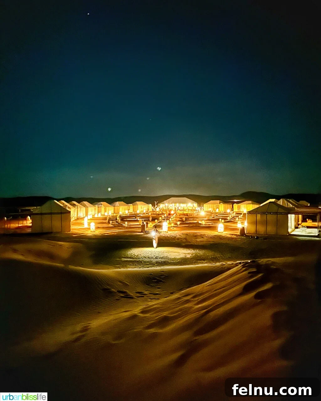 Morocco Unveiled: A 10-Day Journey from Coast to Desert 16 A luxurious Sahara Desert camp at night.