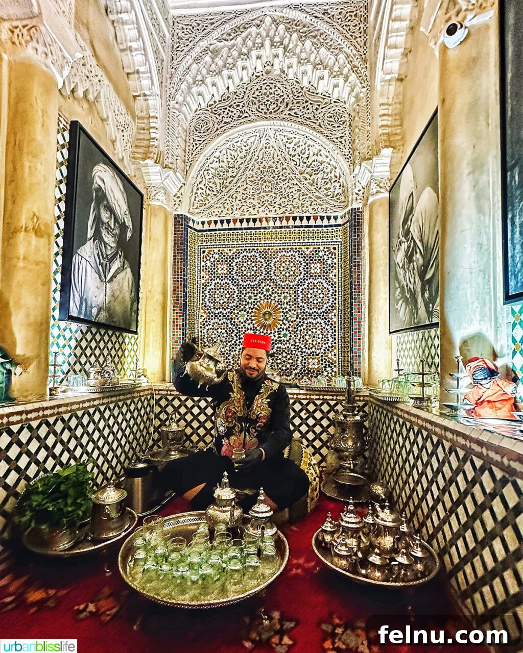 Morocco Unveiled: A 10-Day Journey from Coast to Desert 5 A man pouring traditional Moroccan mint tea at Dar Dada restaurant in Casablanca.