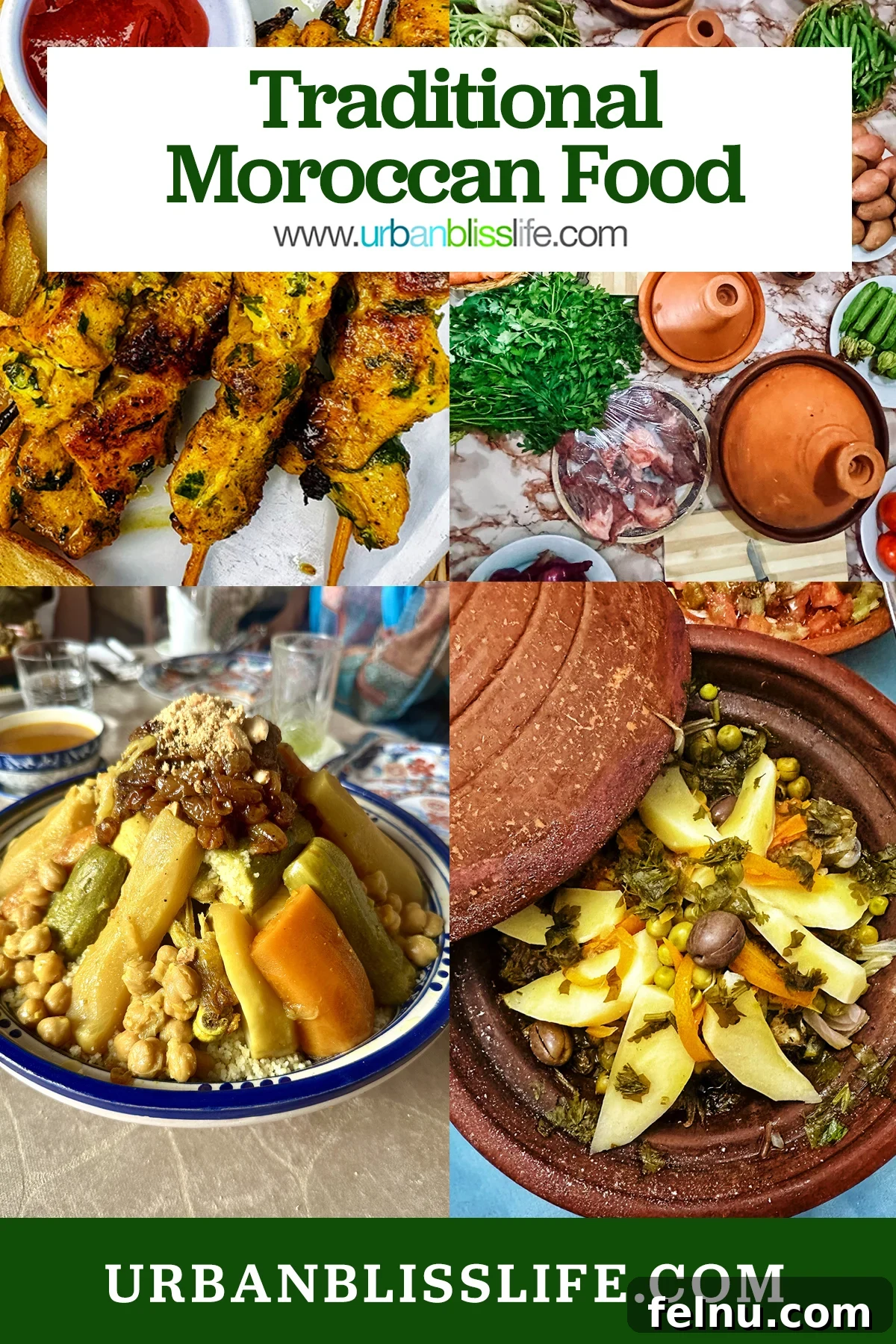 Authentic Moroccan Cuisine 2 Moroccan delights: Chicken skewers, pancakes, tagine, and colorful dishes.