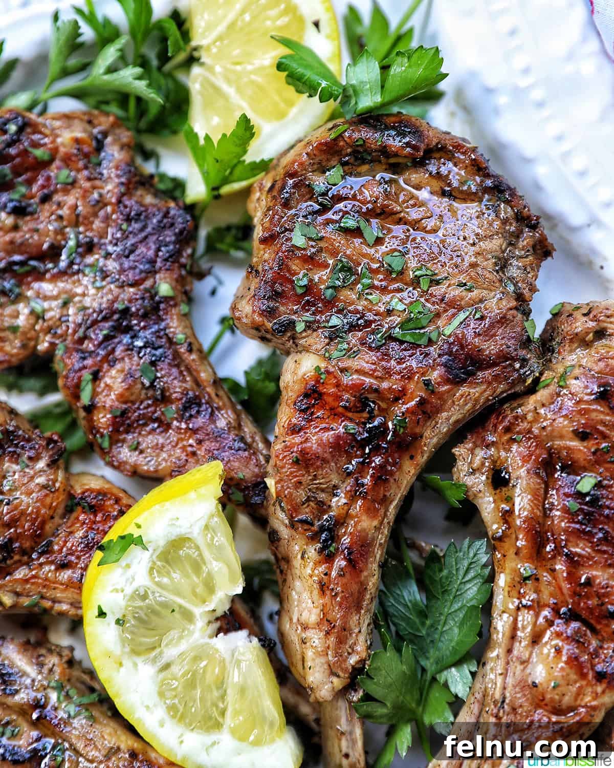 Aegean Lamb Chops 9 Greek lamb chops arranged artfully on a white plate with fresh lemon and herbs, ready for a meal.