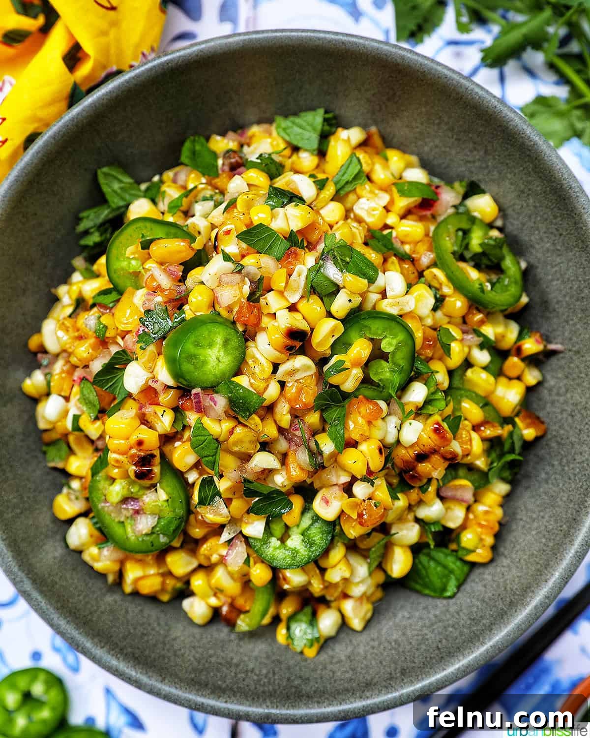 Fire-Kissed Corn Salad 2 A beautifully presented bowl of charred corn salad, showcasing vibrant colors and smoky corn kernels.