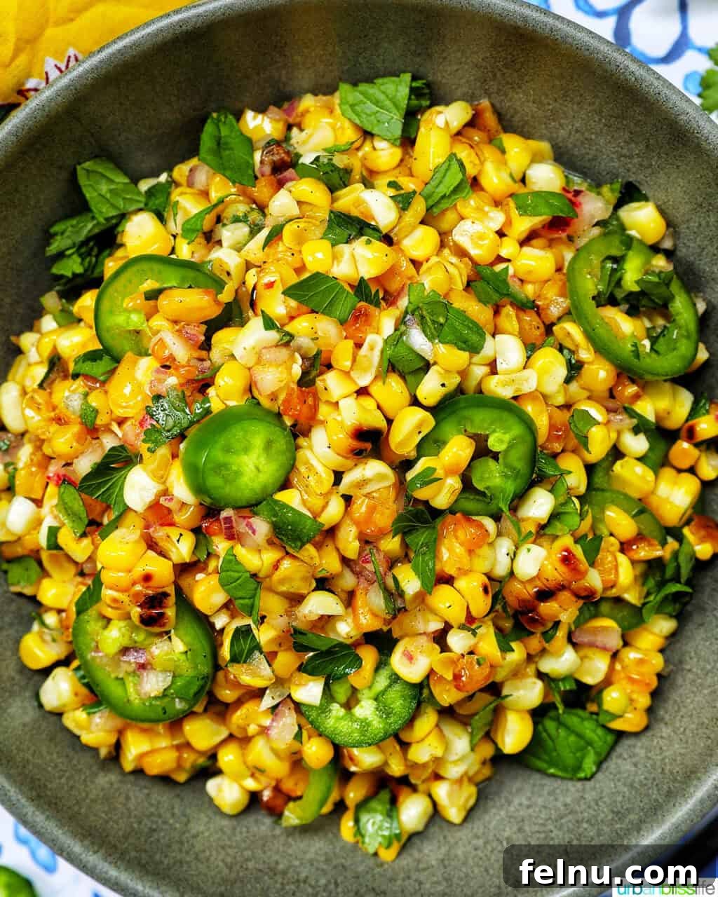 Fire-Kissed Corn Salad 12 A completed bowl of colorful charred corn salad, ready to be served.