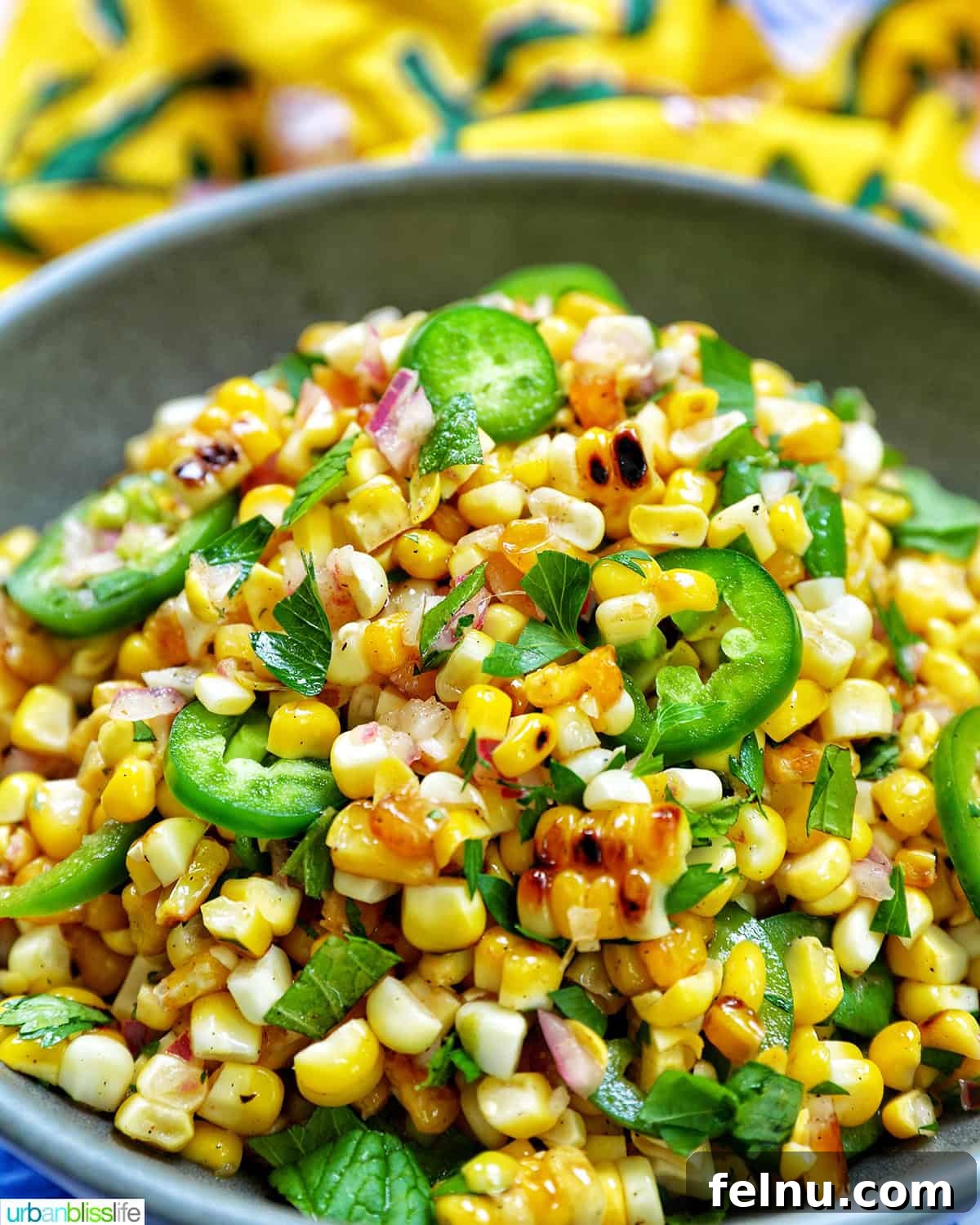Fire-Kissed Corn Salad 3 Close-up of a bowl of Charred Corn Salad, highlighting the grilled texture of the corn and fresh herbs.