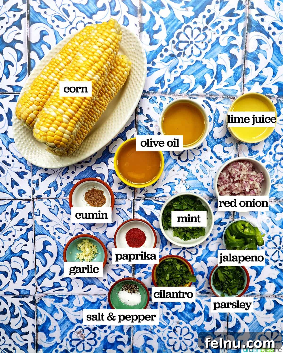 Fire-Kissed Corn Salad 4 A collection of fresh ingredients laid out, including corn on the cob, jalapeños, red onion, and herbs, ready for making charred corn salad.