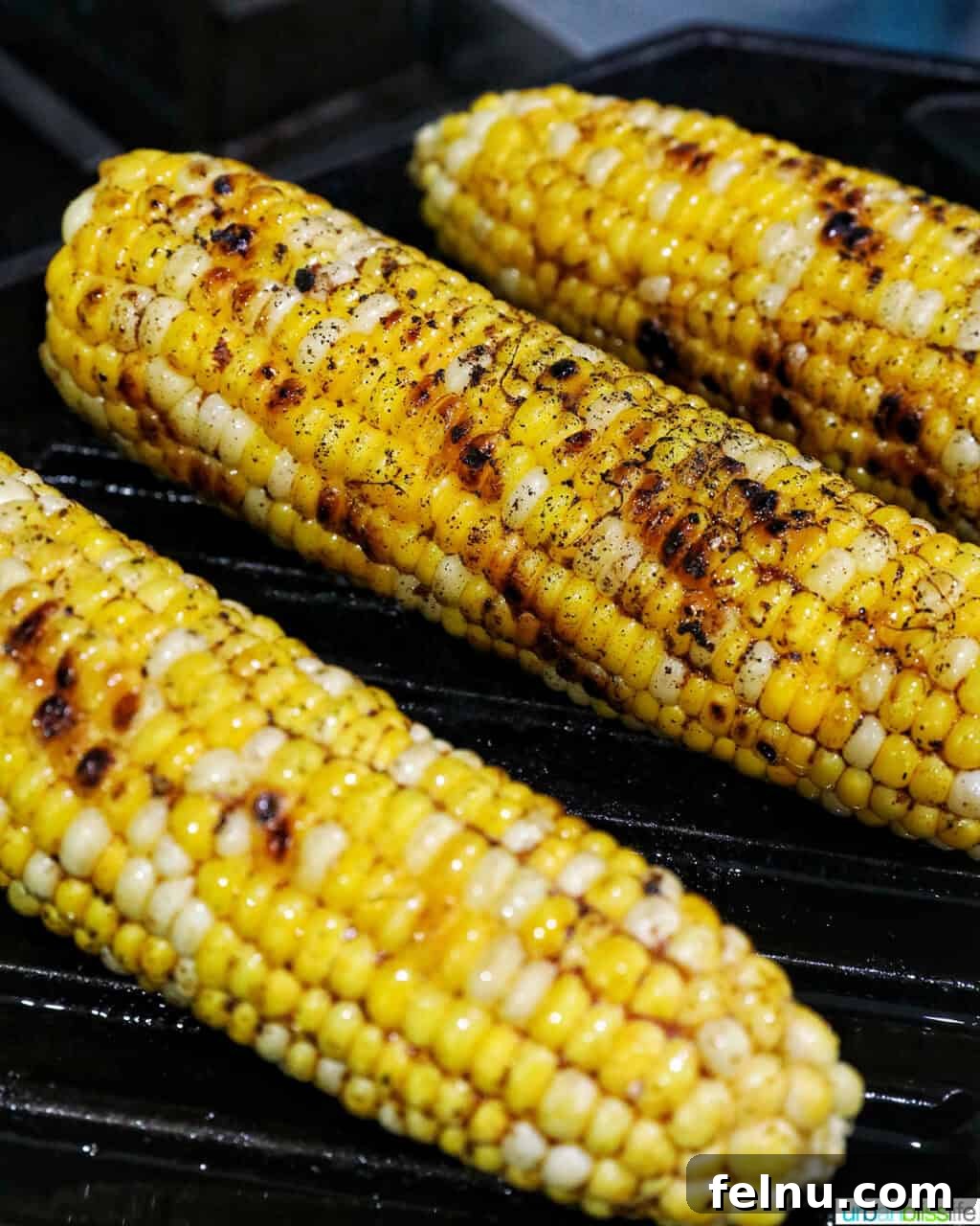 Fire-Kissed Corn Salad 8 Grilled corn on the cob showing char marks on a grill pan.