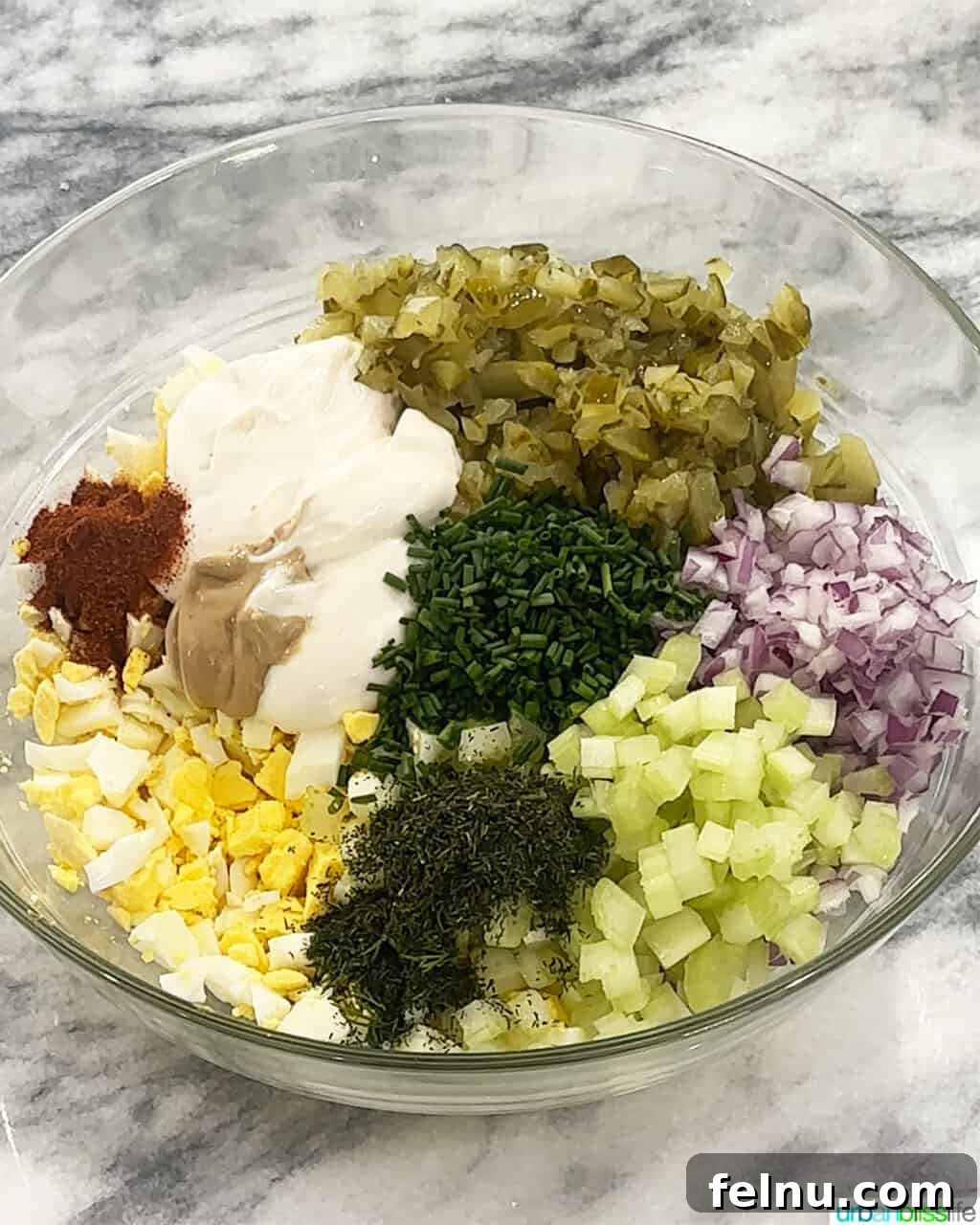 Dill Pickle Egg Salad Delight 5 Bowl of ingredients to make Dill Pickle Egg Salad
