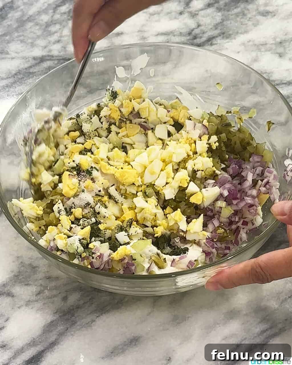 Bowl of Dill Pickle Egg Salad mixed together