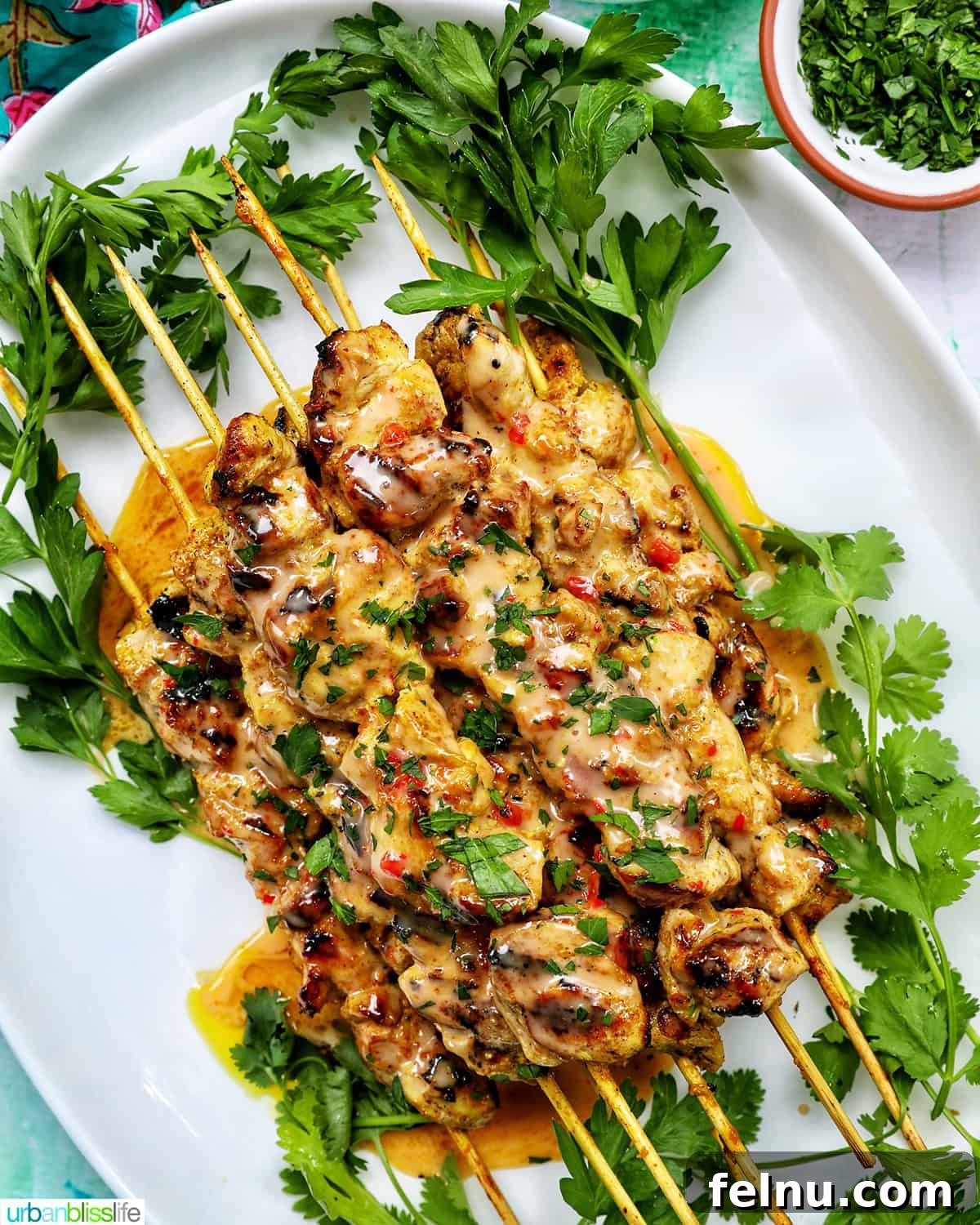 Spicy Peanut Glazed Chicken Skewers 3 A close-up of grilled Bang Bang Chicken Skewers, beautifully sauced and garnished, on a serving plate.