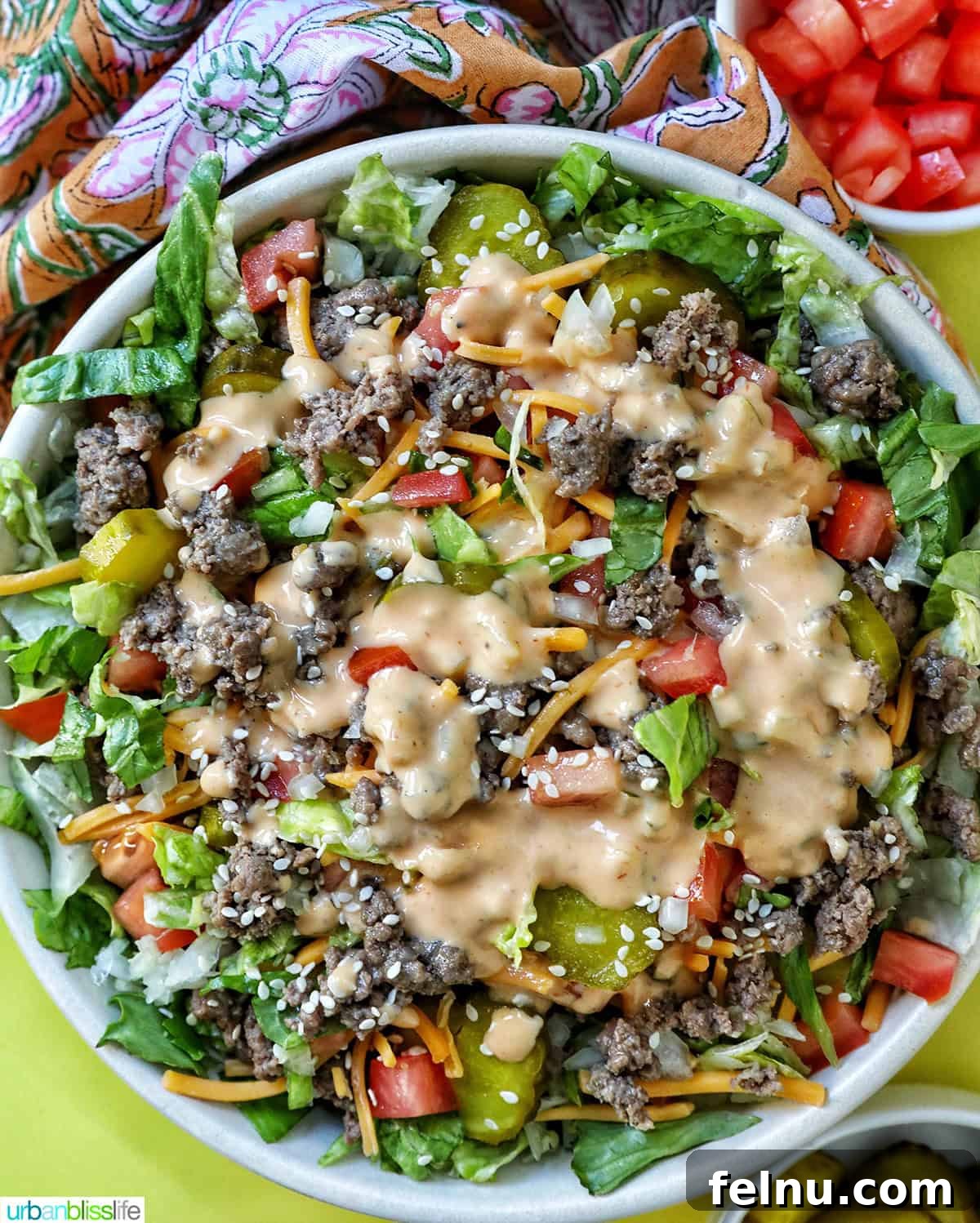 Big Mac Burger Bowl 3 Close-up of a big bowl of Big Mac salad with toppings and Big Mac burger sauce dressing, showcasing the rich textures.