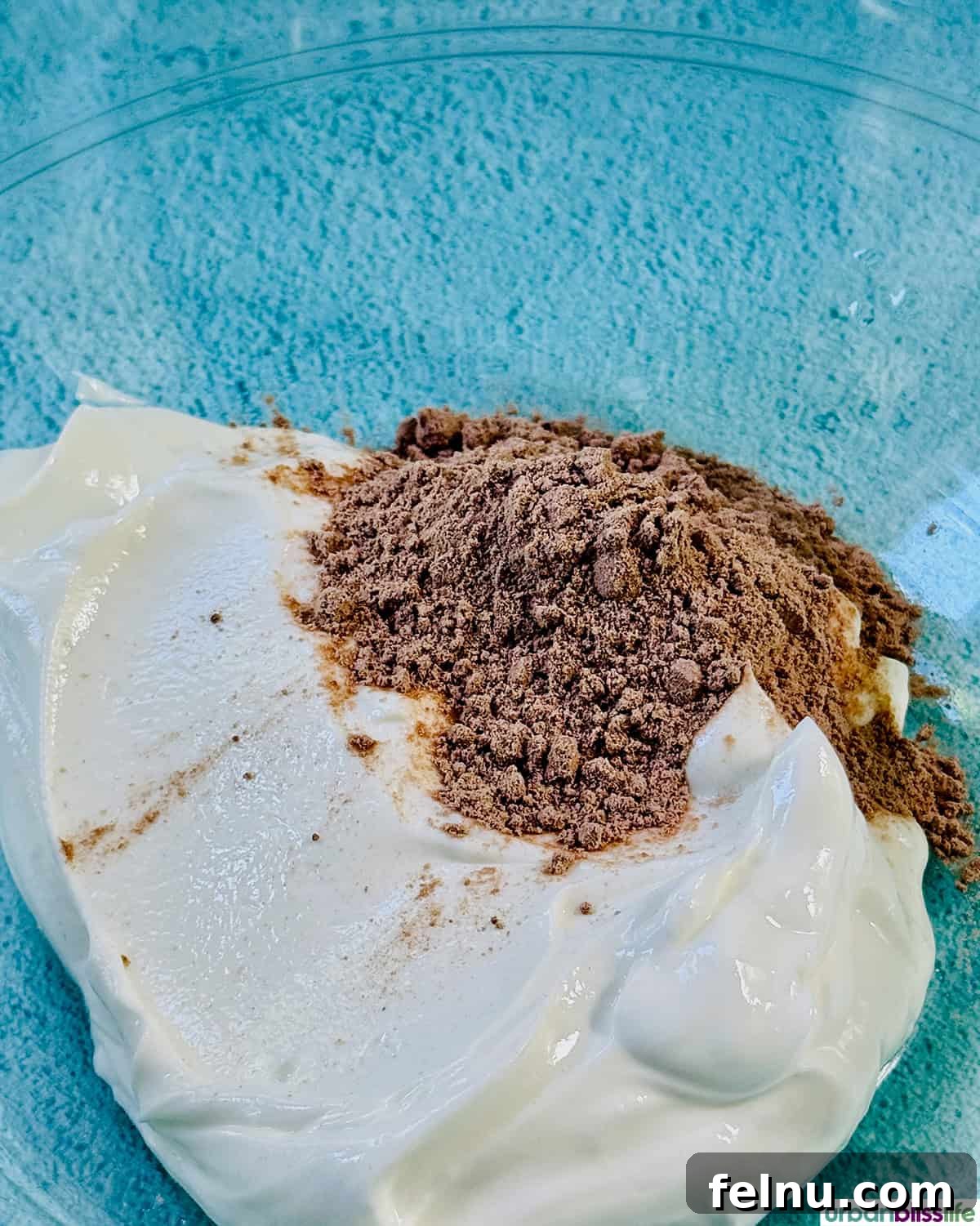 High-Protein Chocolate Dream Parfait 5 Greek yogurt and chocolate protein powder in a bowl, ready to be mixed.