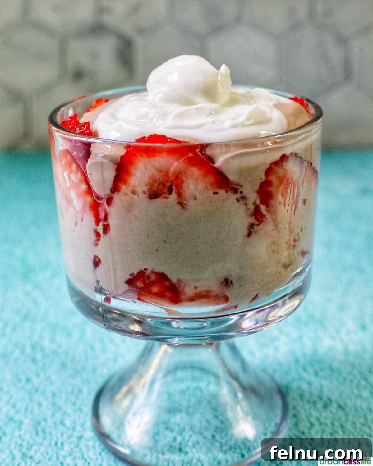 High-Protein Chocolate Dream Parfait 9 Whipped topping, chocolate parfait, and strawberries in a glass parfait bowl, ready for the final touches.