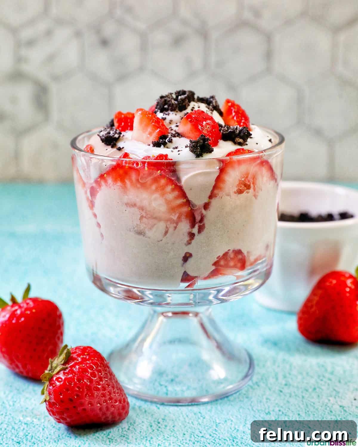 High-Protein Chocolate Dream Parfait 10 High protein chocolate parfait with fresh strawberries, ready to be served.
