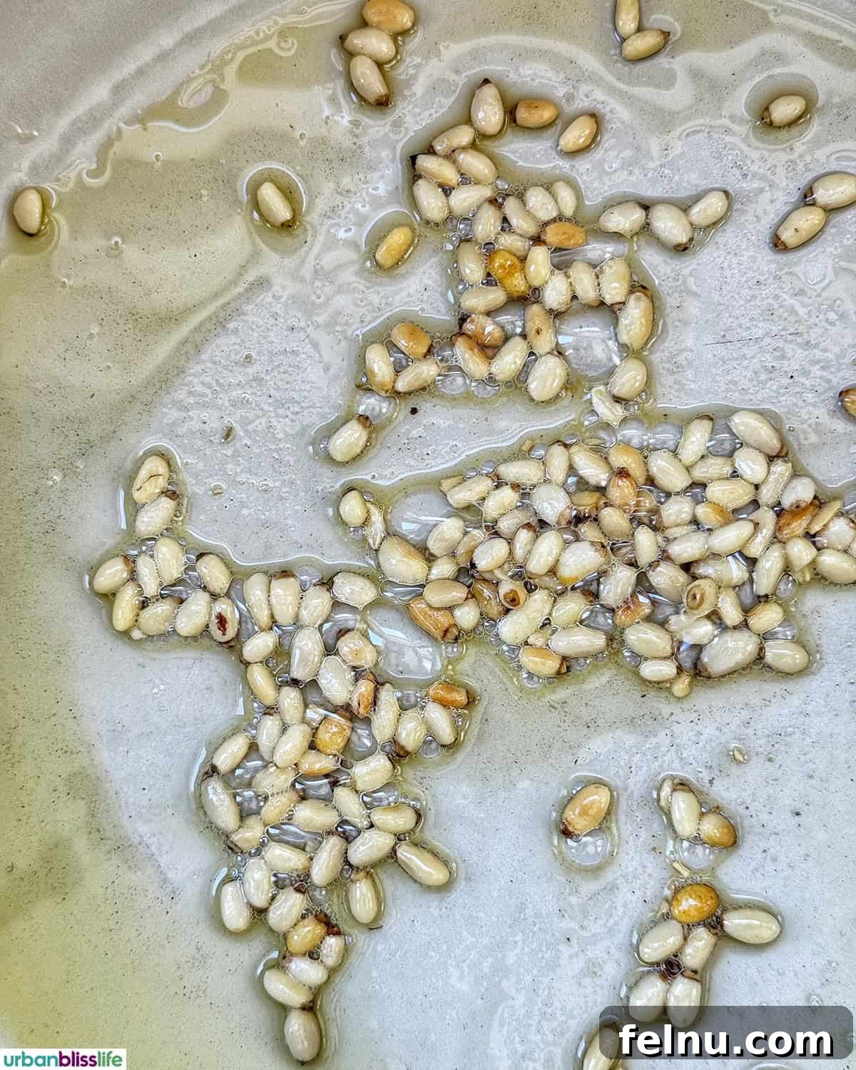Vibrant Cherry Tomato Pesto Pasta 5 pine nuts roasting in a skillet.