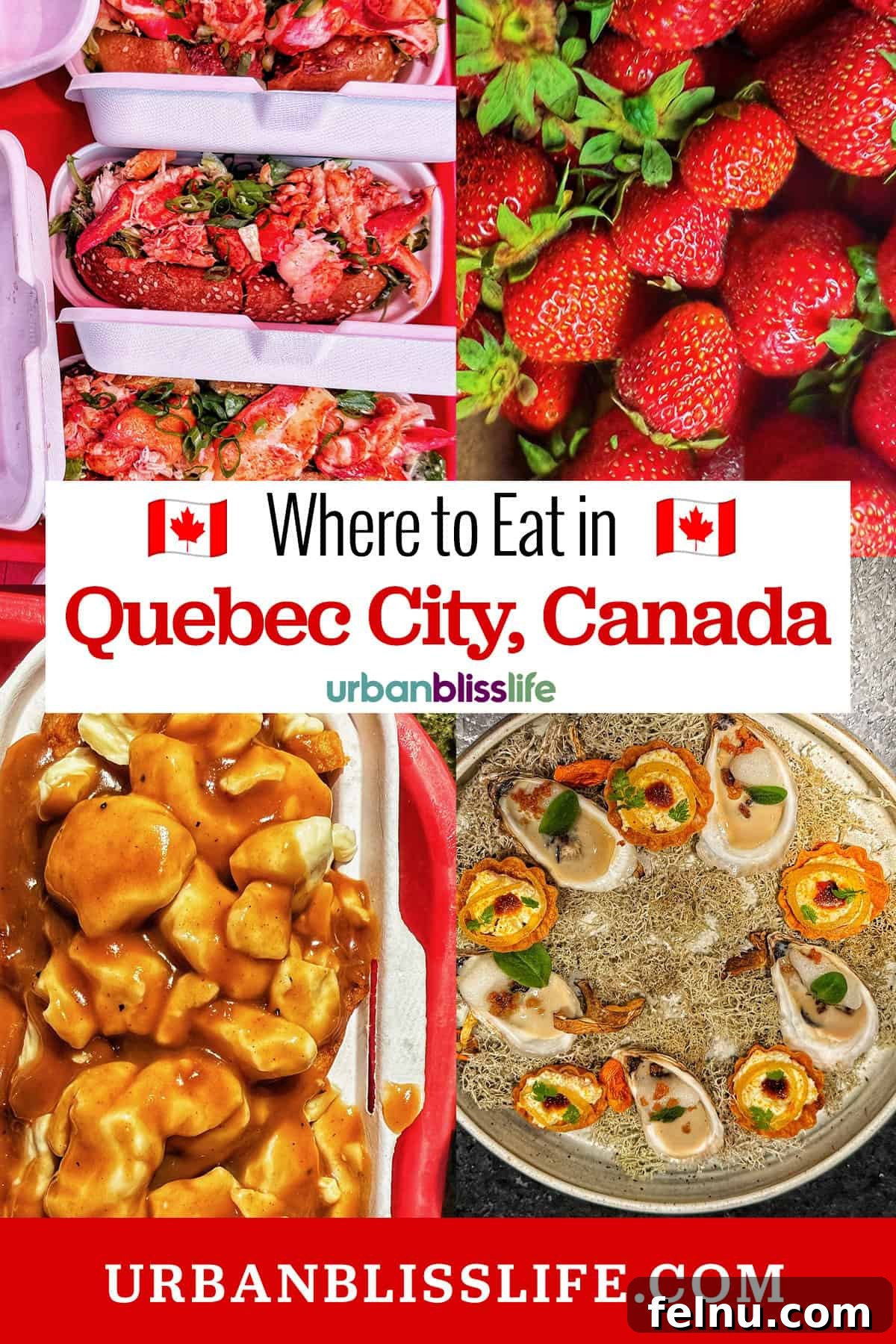 A Taste of Quebec: Culinary Hotspots in the City 2 A delectable spread featuring lobster rolls, poutine, fresh strawberries, and oysters, showcasing the culinary delights of Quebec City.