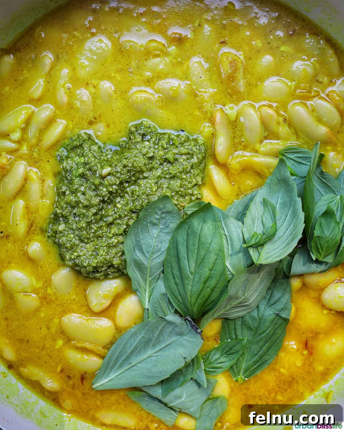 butter beans in broth with basil sauce and slices of basil.