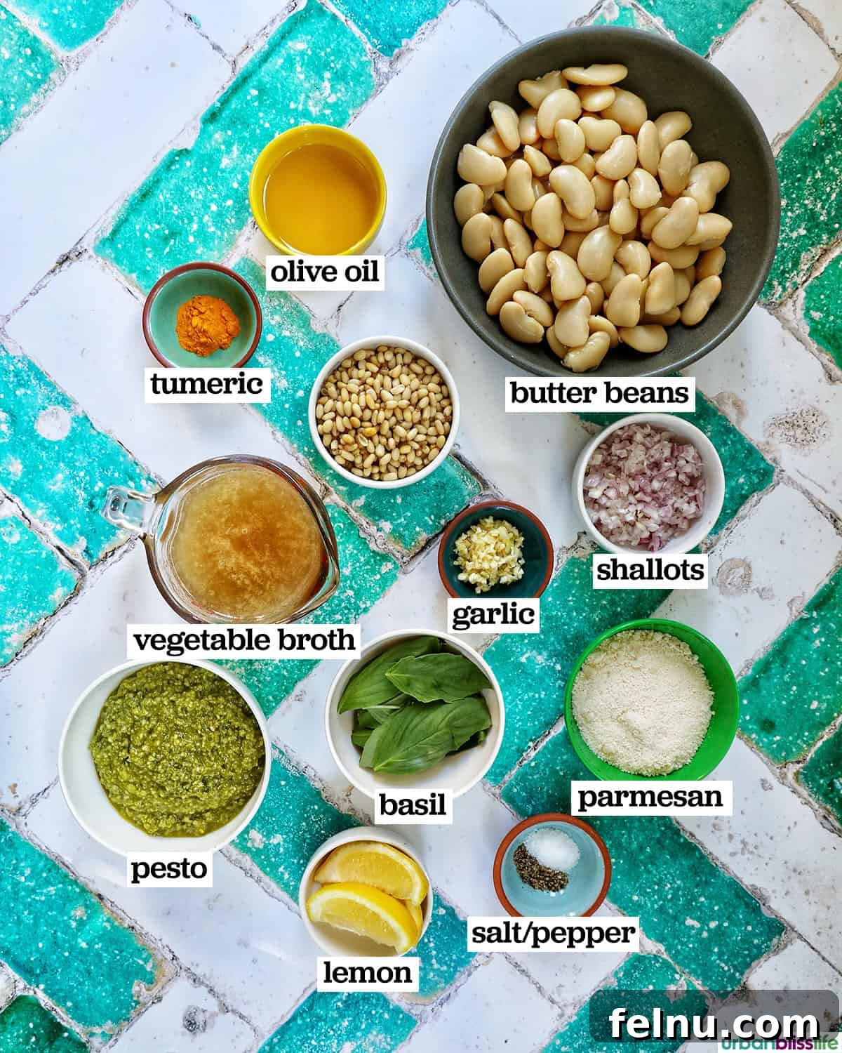 bowls of ingredients to make pesto beans.