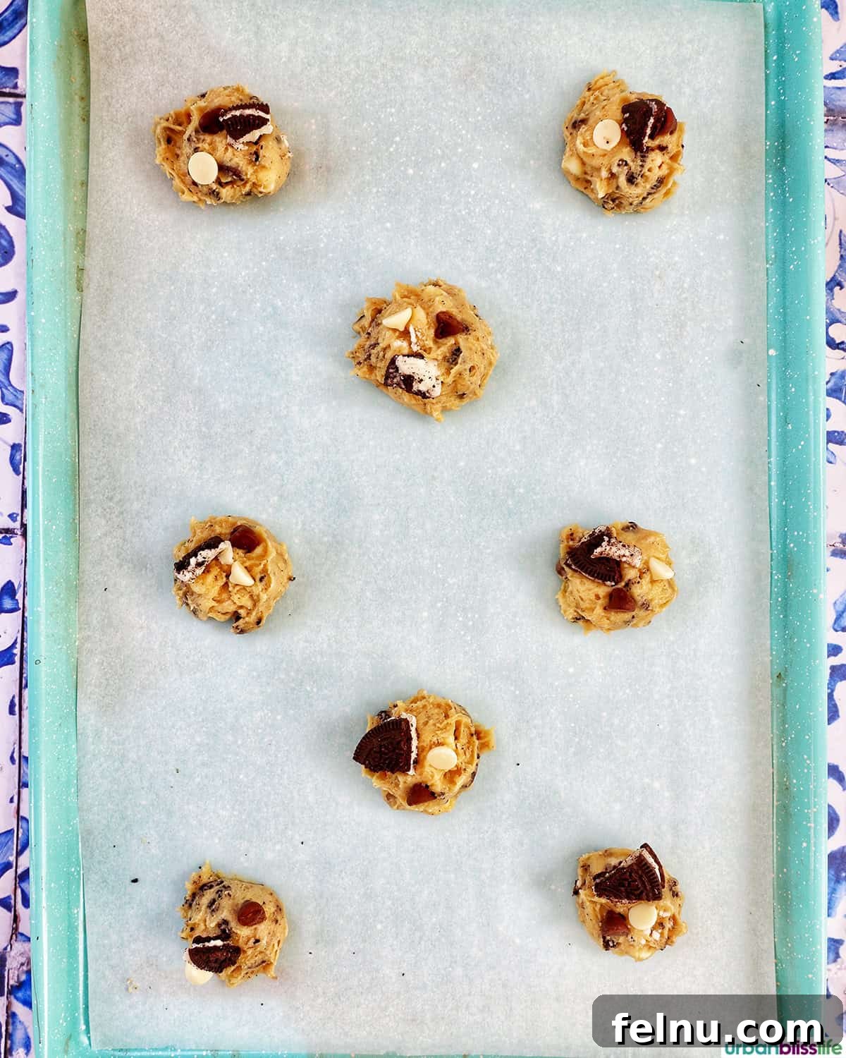 Cookies and Cream Protein Delight 12 Cookie dough on a baking sheet