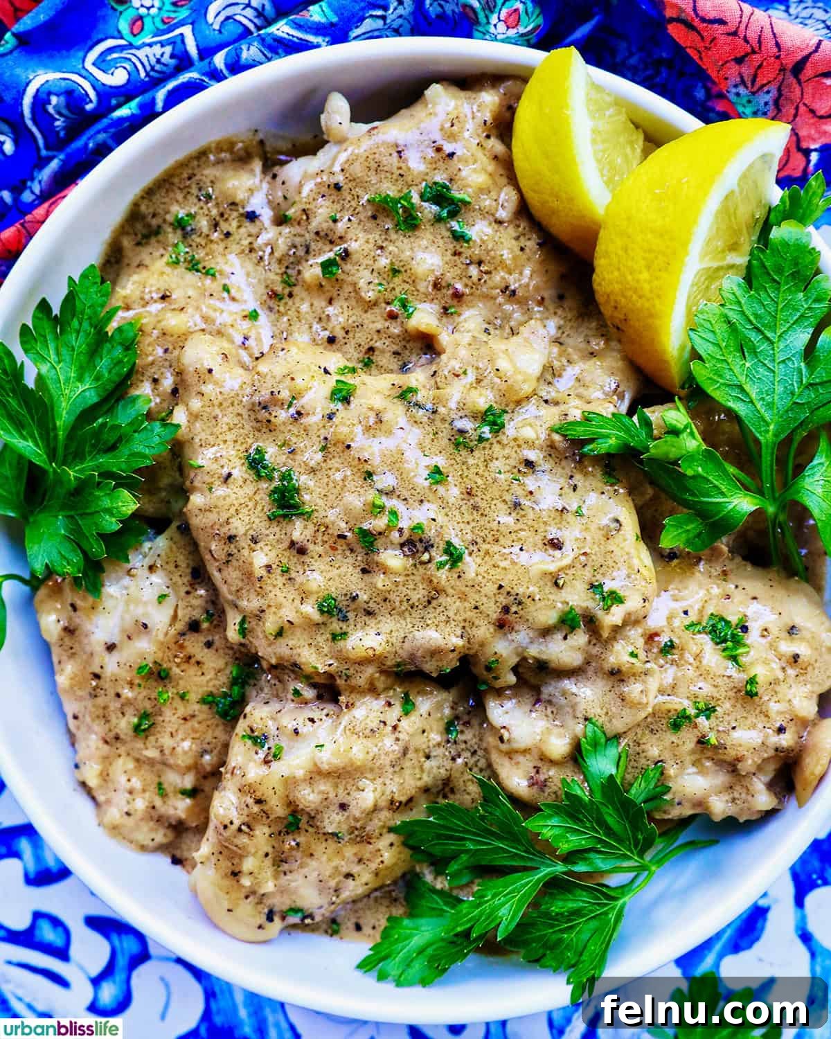 Rich Brandy Peppercorn Chicken 2 A beautifully plated bowl of Chicken au Poivre, garnished with fresh lemon slices and aromatic herbs, showcasing its rich, creamy sauce.