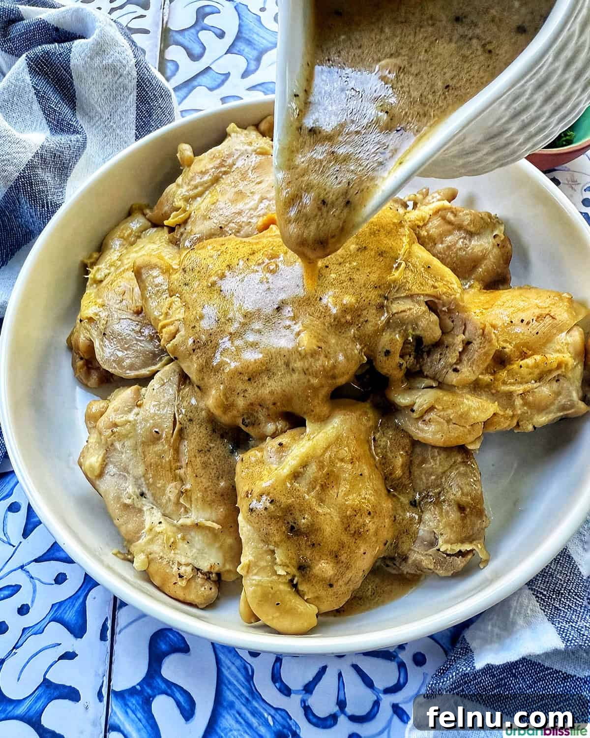 Rich Brandy Peppercorn Chicken 15 Delicious Chicken au Poivre on a plate, generously topped with the creamy peppercorn sauce and garnished with fresh parsley and lemon.