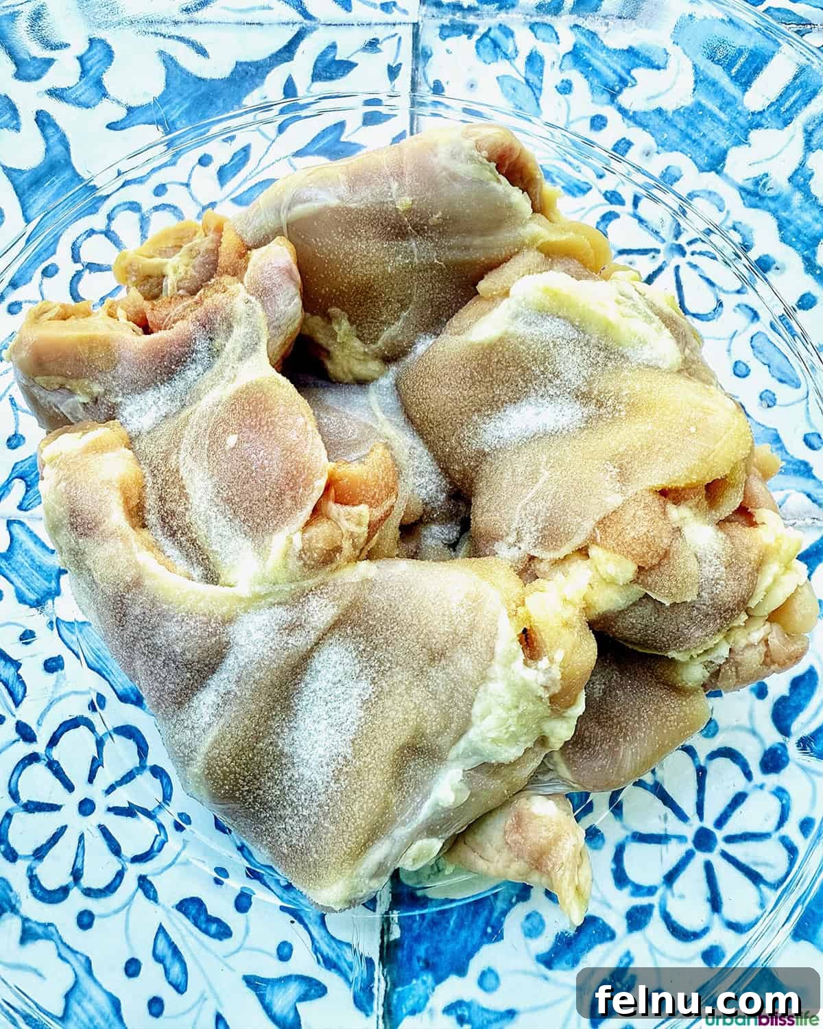 Rich Brandy Peppercorn Chicken 6 Raw boneless, skinless chicken thighs, seasoned and ready for searing in a bowl.