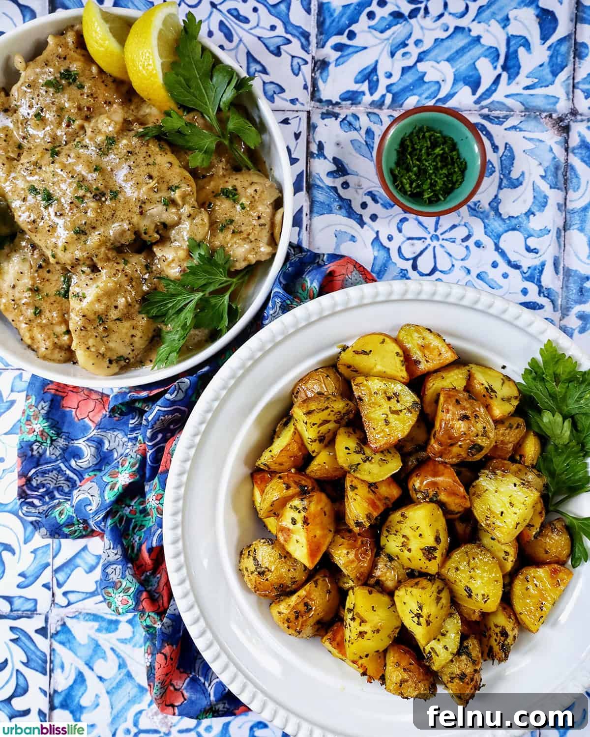 Herb-Infused Potato Delights 10 Herby potatoes served alongside chicken au poivre.