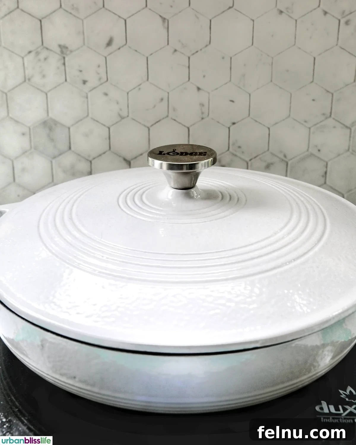 Rich Filipino Peanut Chicken 13 A white enameled cast iron casserole pan, ideal for stews.