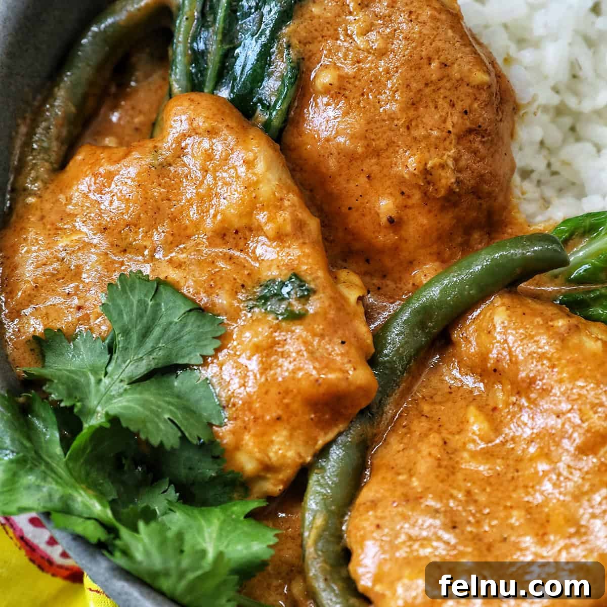 A bowl of Filipino chicken kare kare, garnished and ready to eat.