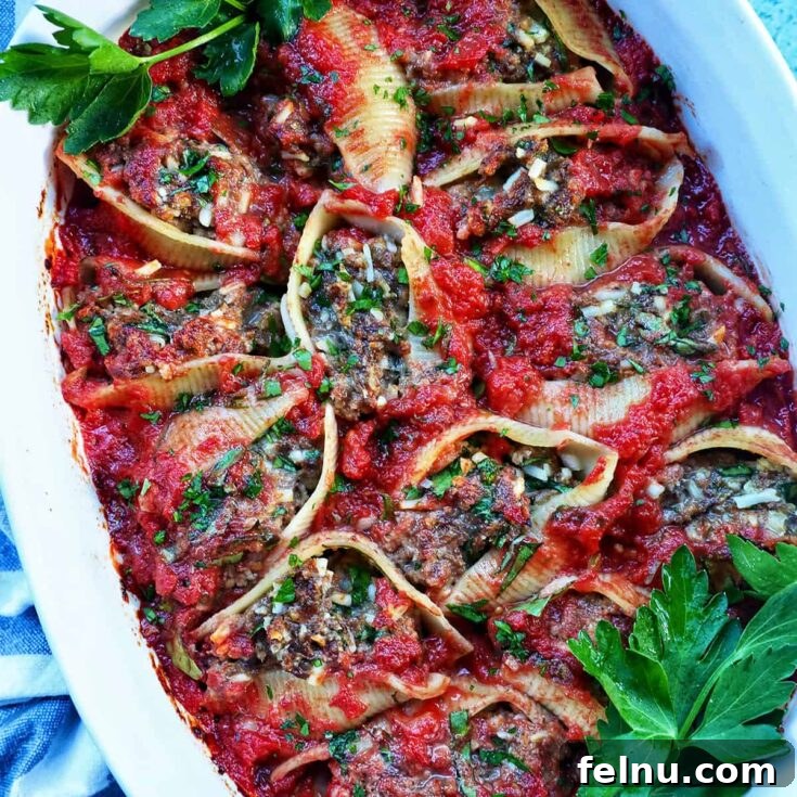 Large pasta shells generously filled with seasoned ground beef and a dairy-free creamy sauce.