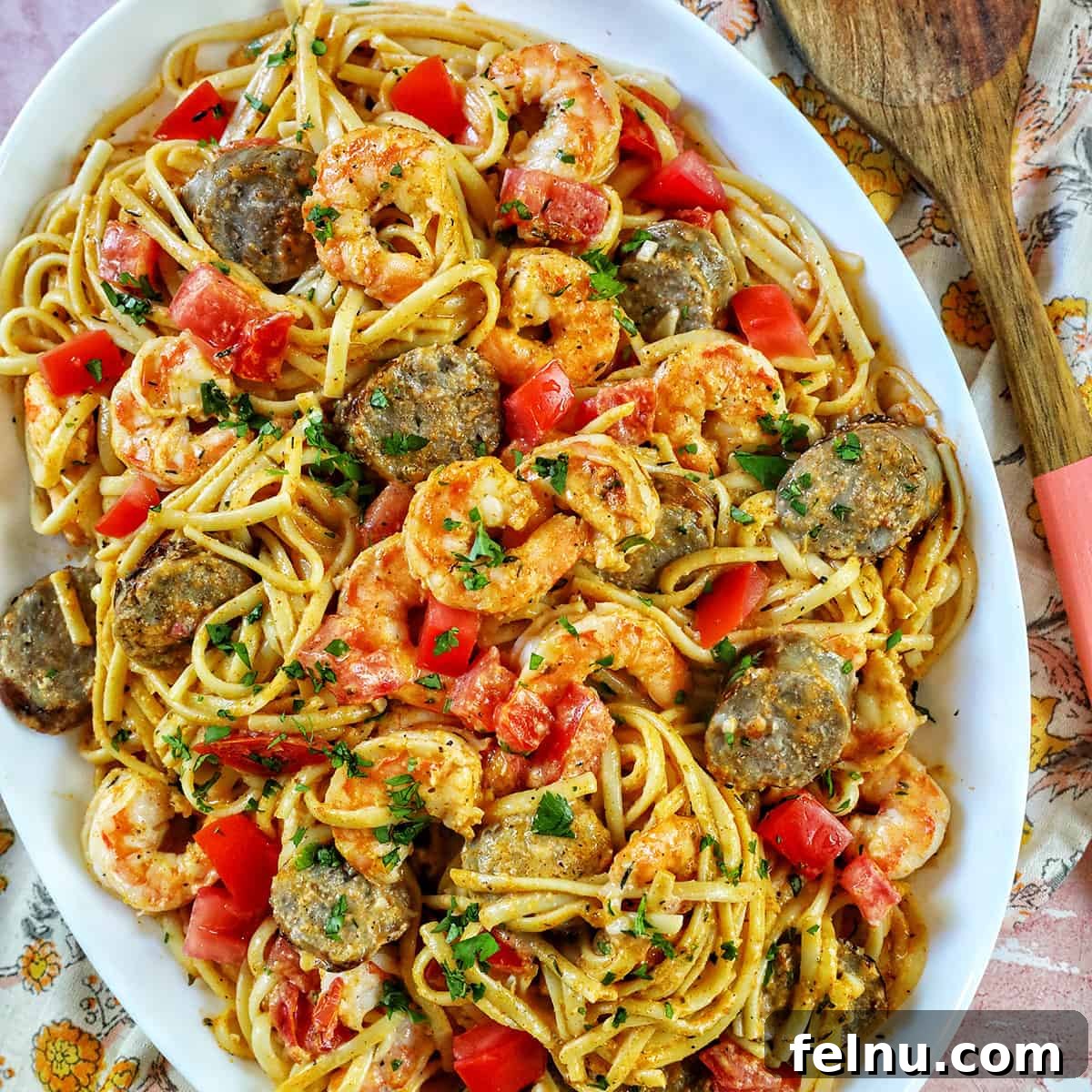 A dynamic duo of flavors, this pasta combines juicy shrimp and savory sausage in a delightful sauce.