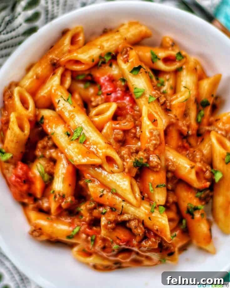 A comforting and hearty pasta dish with seasoned ground beef enveloped in a rich, creamy sauce.