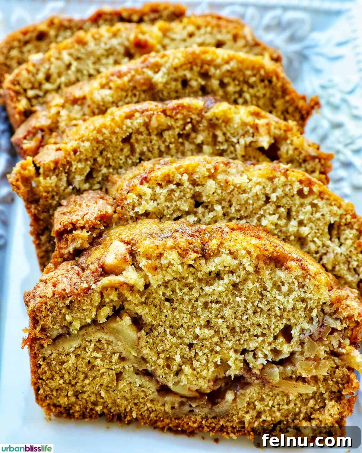 Apple Cinnamon Swirl Bread 3 Close-up of sliced apple cinnamon loaf cake.
