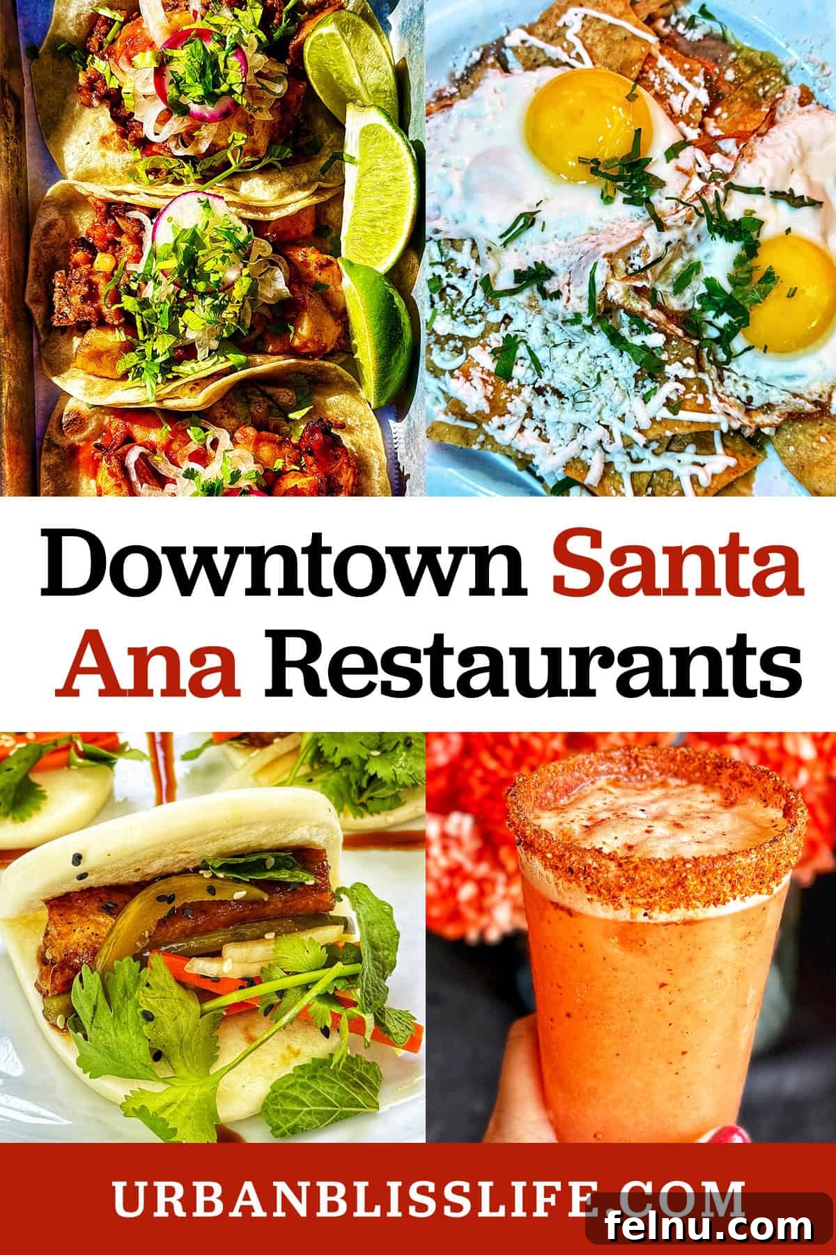 Downtown Santa Ana Eateries 2 Tacos, chilaquiles, pork belly bao buns, michelada, and title text overlay, showcasing the diverse culinary offerings of Downtown Santa Ana.