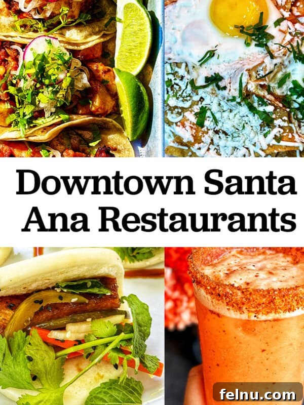 Downtown Santa Ana Eateries 30 tacos, chilaquiles, pork belly bao buns, michelada and title text overlay.