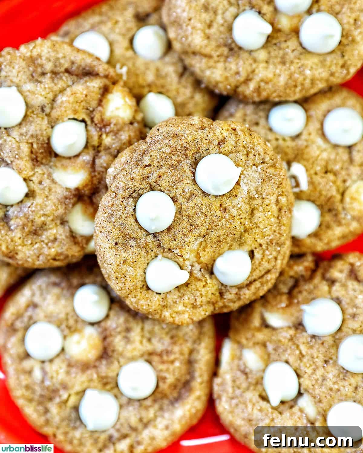 Pumpkin White Chocolate Chip Delights 2 Stack of pumpkin white chocolate chip cookies on an orange plate