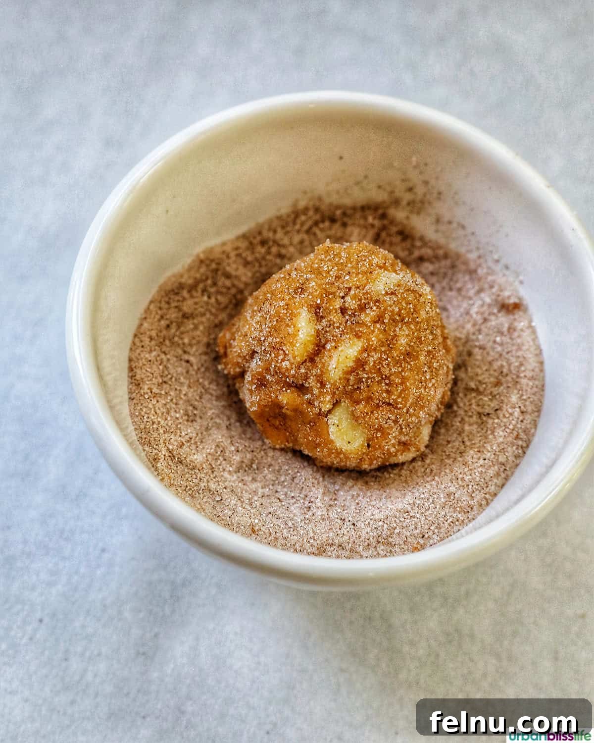Pumpkin White Chocolate Chip Delights 14 Pumpkin white chocolate chip cookie dough ball in a bowl of cinnamon sugar